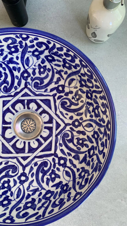Hand-Painted Moroccan Ceramic Bathroom Sink – Blue & White