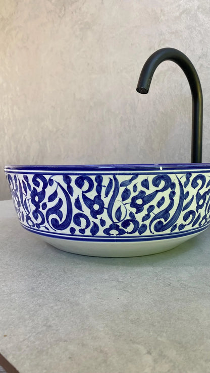 Hand-Painted Moroccan Ceramic Bathroom Sink – Blue & White