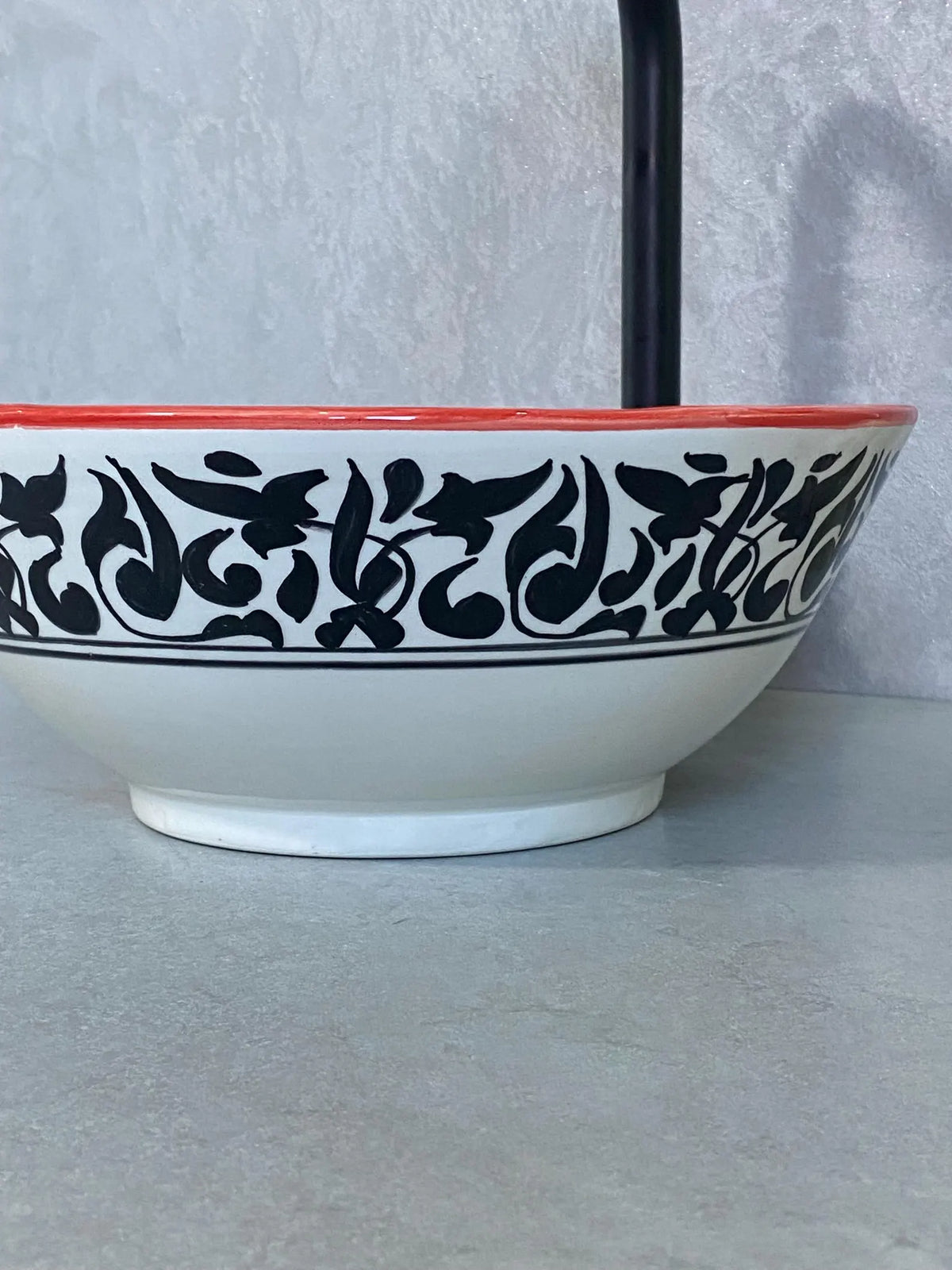 Hand-Painted Moroccan Ceramic Sink – Black & White Floral Design with Red Rim