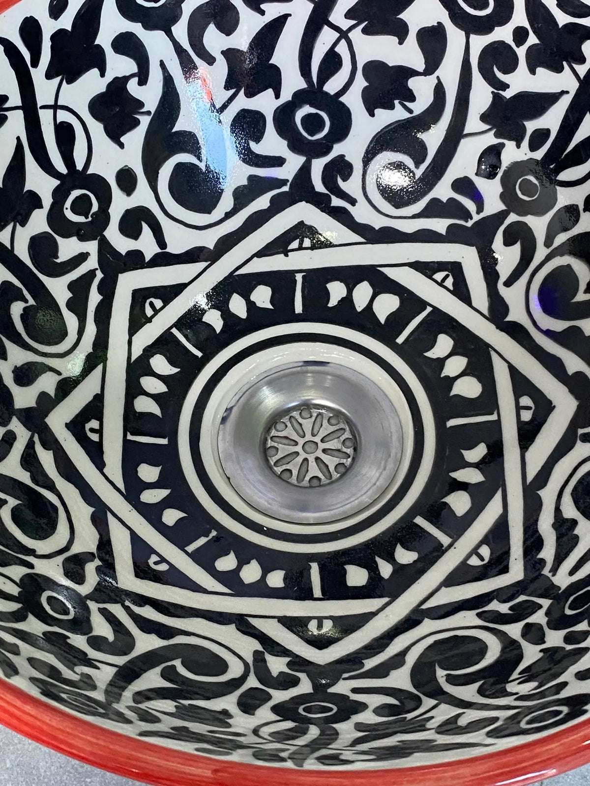 Hand-Painted Moroccan Ceramic Sink – Black & White Floral Design with Red Rim