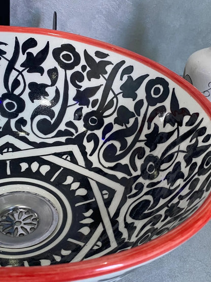Hand-Painted Moroccan Ceramic Sink – Black & White Floral Design with Red Rim