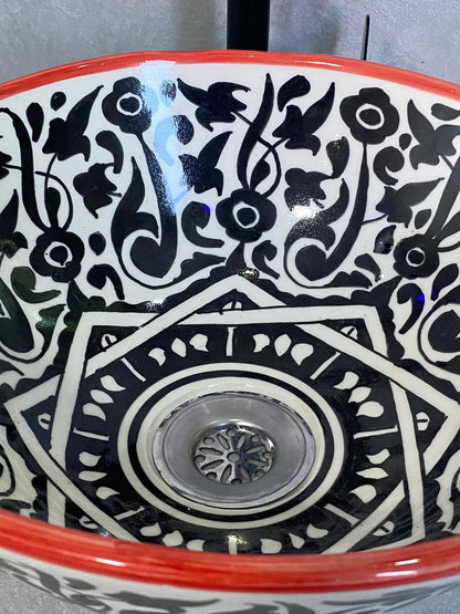 Hand-Painted Moroccan Ceramic Sink – Black & White Floral Design with Red Rim