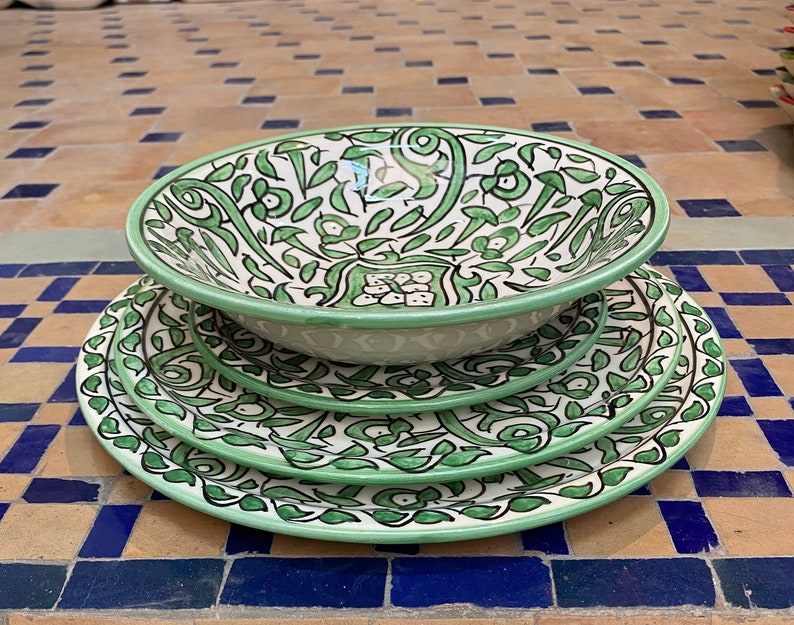 Green Hand-Painted Moroccan Fes Pottery Plates & Bowl – Floral Ceramic Dinnerware