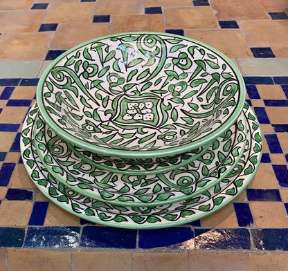 Green Hand-Painted Moroccan Fes Pottery Plates & Bowl – Floral Ceramic Dinnerware