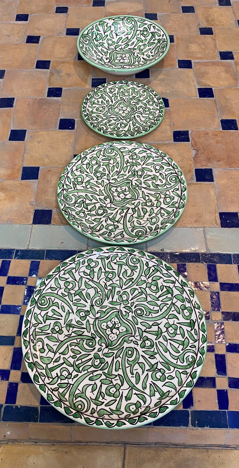 Green Hand-Painted Moroccan Fes Pottery Plates & Bowl – Floral Ceramic Dinnerware