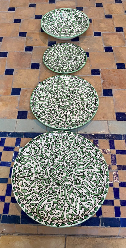 Green Hand-Painted Moroccan Fes Pottery Plates & Bowl – Floral Ceramic Dinnerware