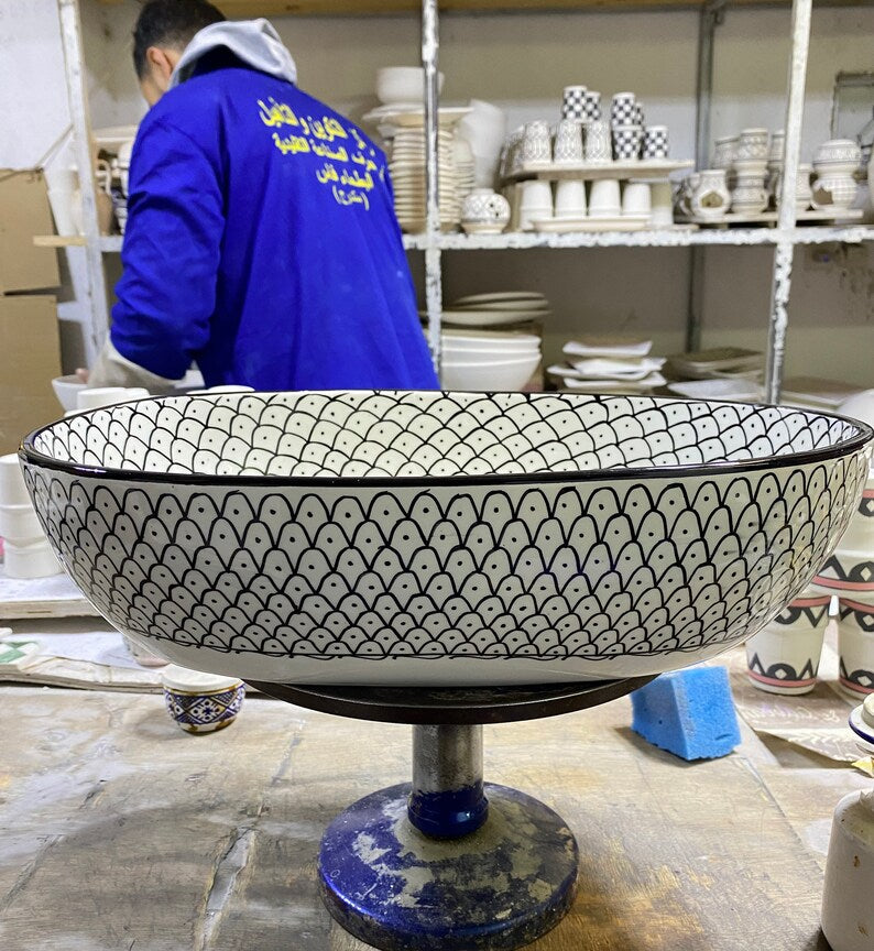 Moroccan Ceramic Vessel Sink – Green & Black & Gray Fish Scale Design
