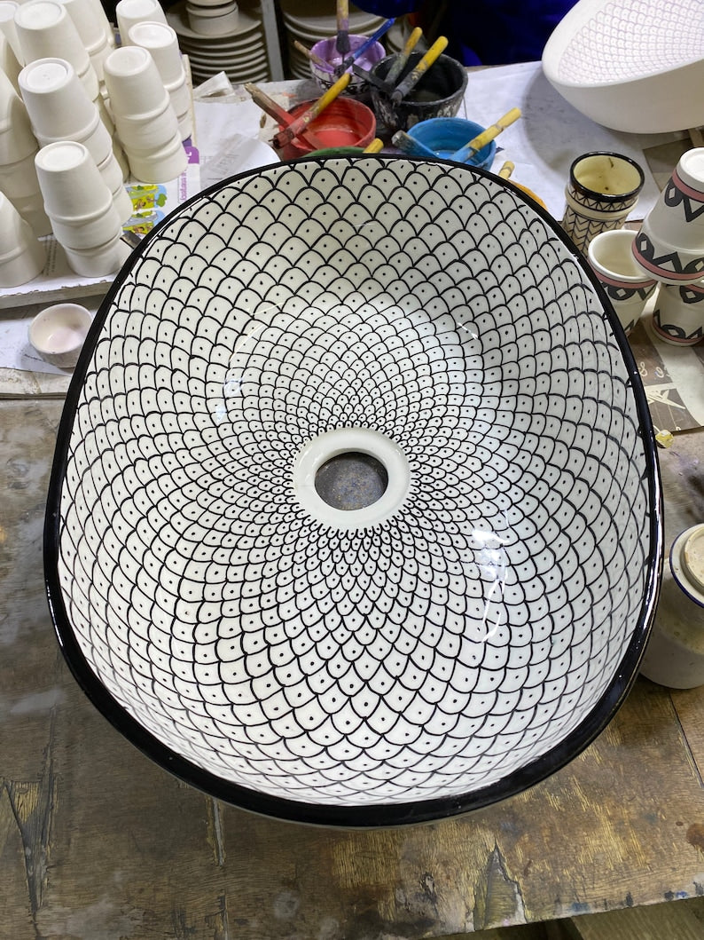 Moroccan Ceramic Vessel Sink – Green & Black & Gray Fish Scale Design