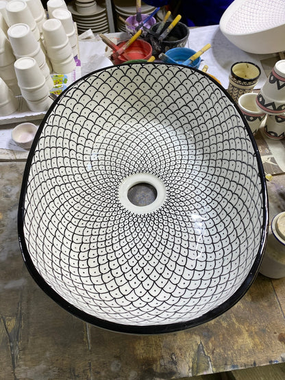 Moroccan Ceramic Vessel Sink – Green & Black & Gray Fish Scale Design
