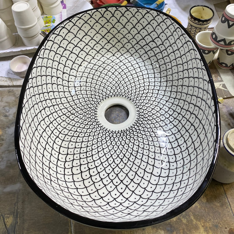 Moroccan Ceramic Vessel Sink – Green & Black & Gray Fish Scale Design
