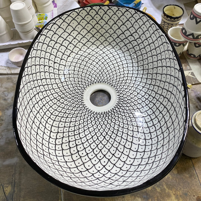 Moroccan Ceramic Vessel Sink – Green & Black & Gray Fish Scale Design