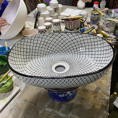 Moroccan Ceramic Vessel Sink – Green & Black & Gray Fish Scale Design