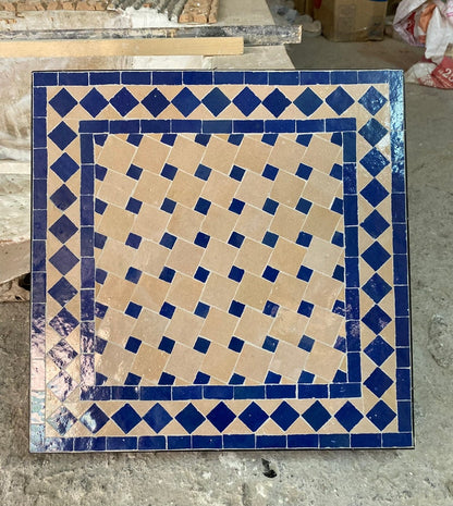Handmade Moroccan Mosaic Coffee Table – Blue & Beige Zellige Patio Table