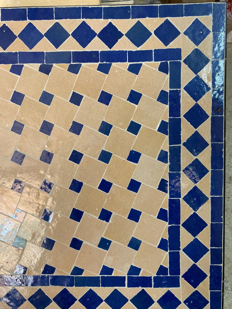 Handmade Moroccan Mosaic Coffee Table – Blue & Beige Zellige Patio Table