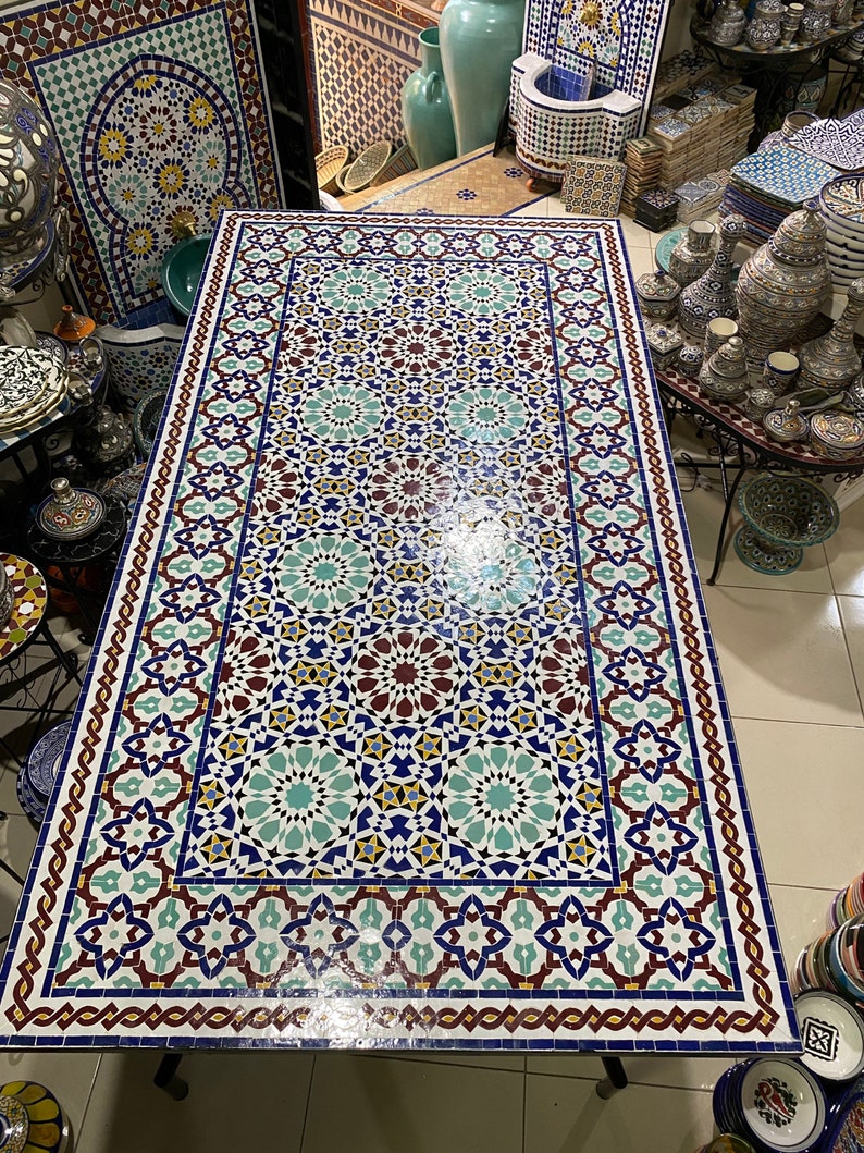 Handmade Moroccan Zellige Mosaic Table – Colorful Fassi Tile Outdoor Dining Table