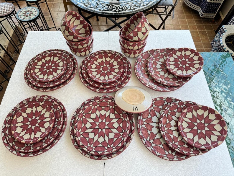 Exquisite Handmade Moroccan Pink Dinner Set: Hand-Painted, Wood-Fired Artistry