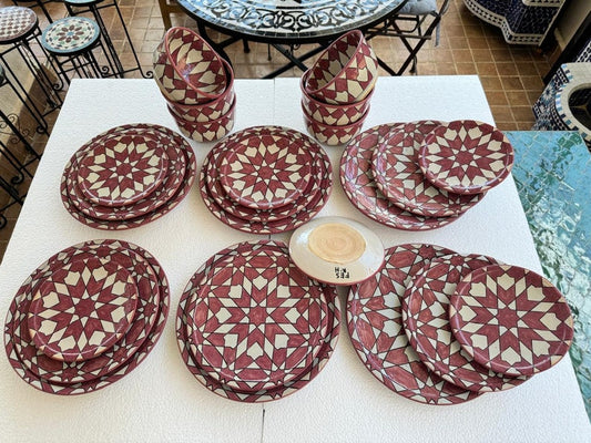 Exquisite Handmade Moroccan Pink Dinner Set: Hand-Painted, Wood-Fired Artistry