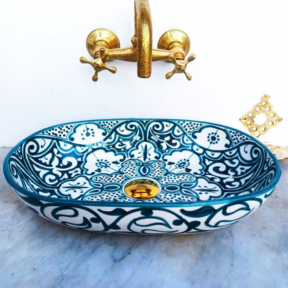 Handmade Moroccan Ceramic Bathroom Sink – Blue & White Fassi Design