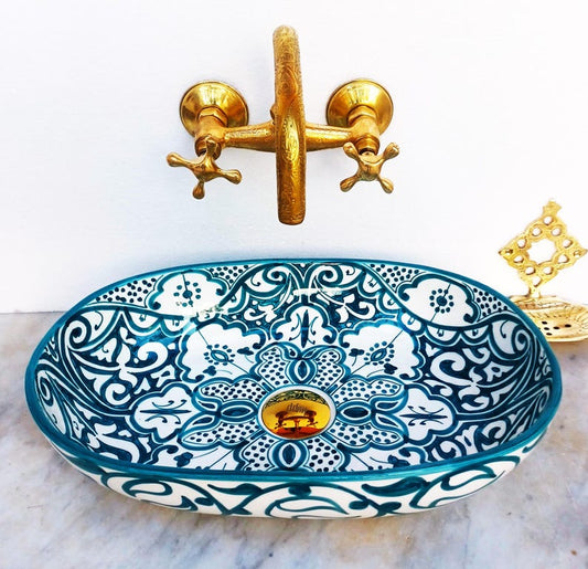 Handmade Moroccan Ceramic Bathroom Sink – Blue & White Fassi Design