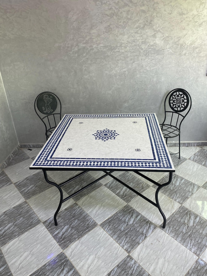 Moroccan Blue and White Zellige Mosaic Table – Handmade Fes Pottery