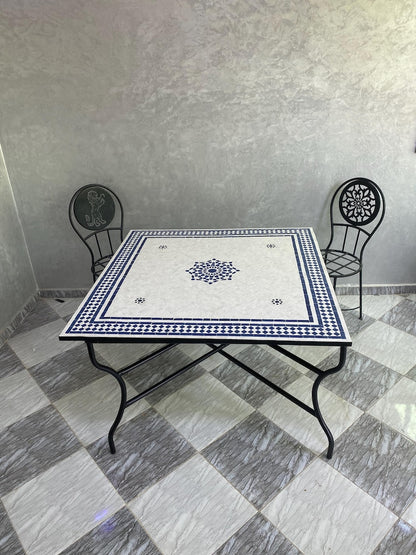 Moroccan Blue and White Zellige Mosaic Table – Handmade Fes Pottery
