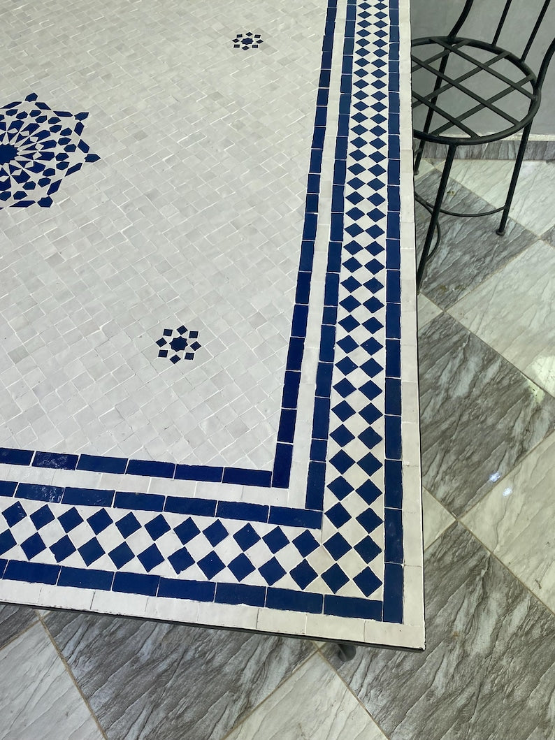 Moroccan Blue and White Zellige Mosaic Table – Handmade Fes Pottery