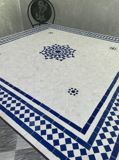 Moroccan Blue and White Zellige Mosaic Table – Handmade Fes Pottery