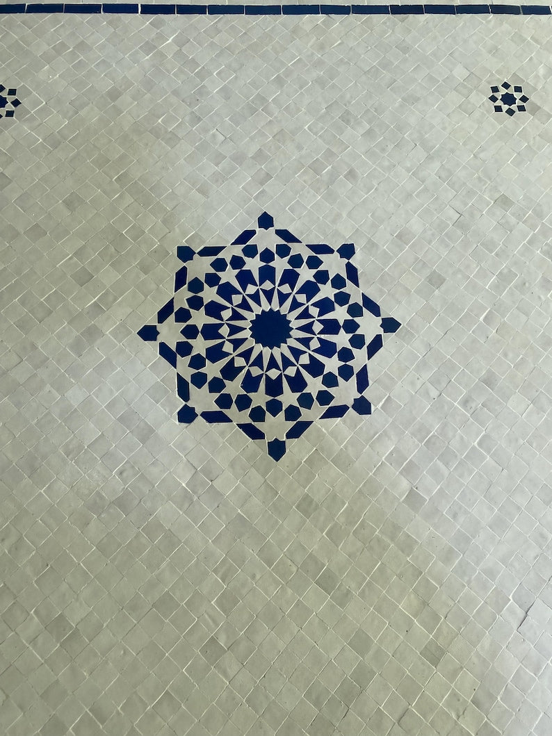 Moroccan Blue and White Zellige Mosaic Table – Handmade Fes Pottery