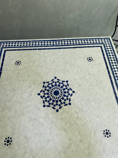 Moroccan Blue and White Zellige Mosaic Table – Handmade Fes Pottery