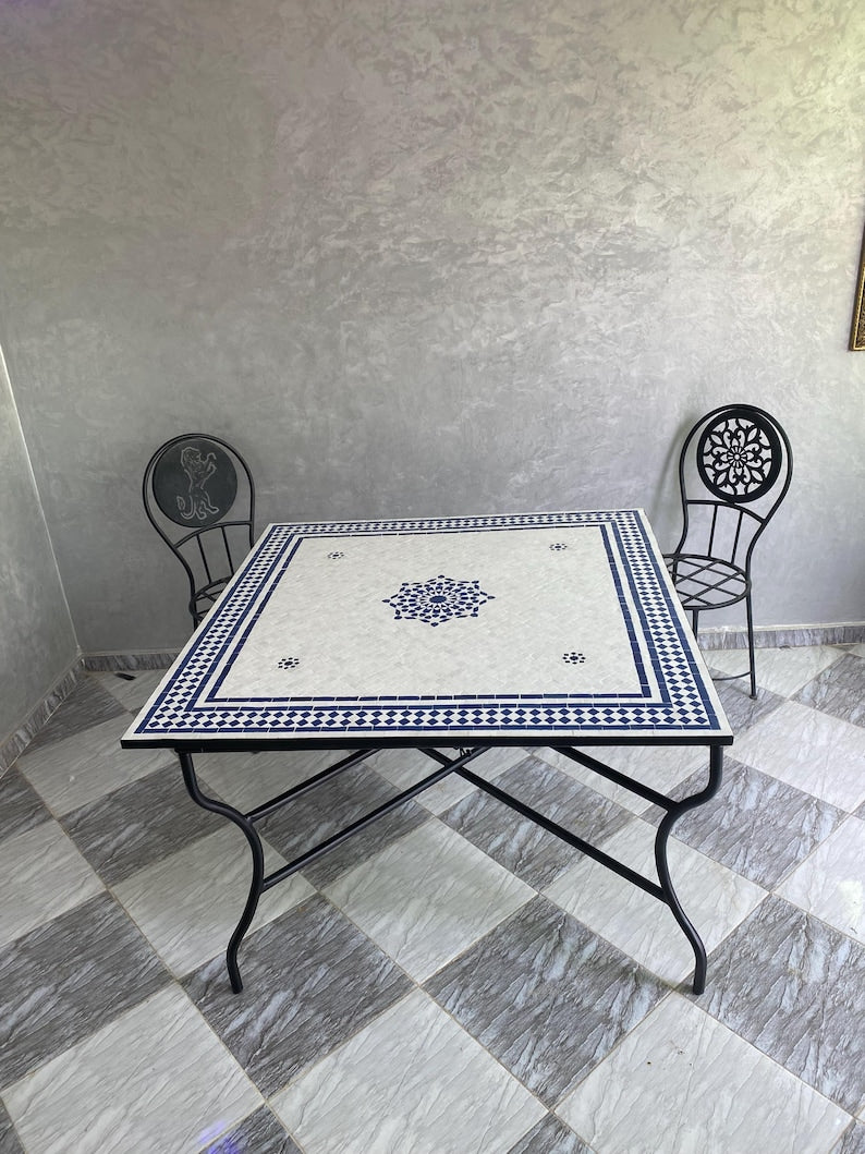 Moroccan Blue and White Zellige Mosaic Table – Handmade Fes Pottery