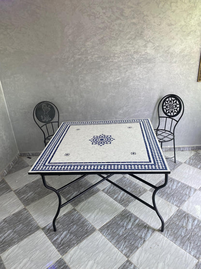 Moroccan Blue and White Zellige Mosaic Table – Handmade Fes Pottery