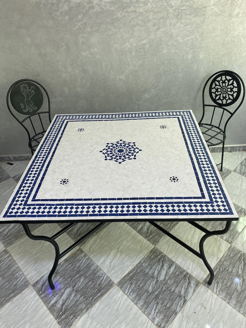 Moroccan Blue and White Zellige Mosaic Table – Handmade Fes Pottery