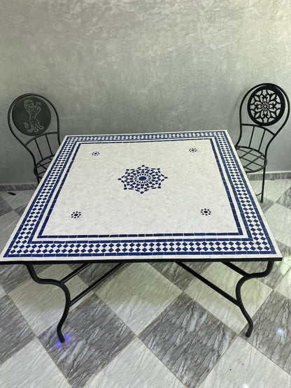 Moroccan Blue and White Zellige Mosaic Table – Handmade Fes Pottery