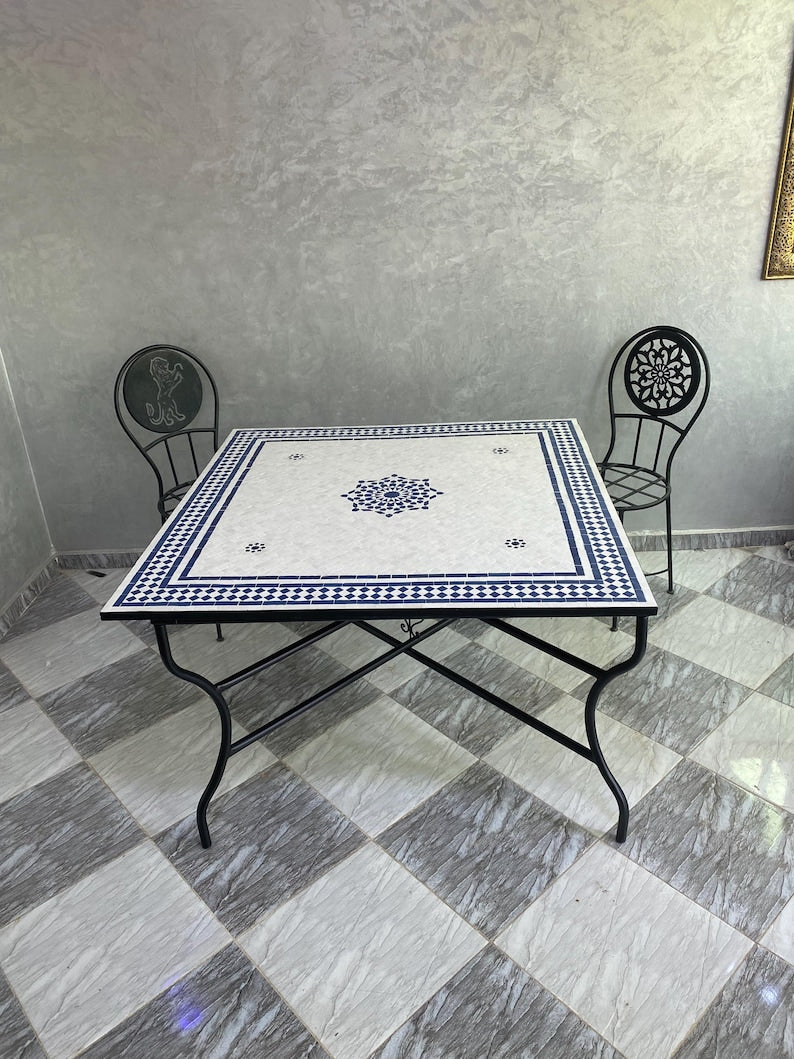 Moroccan Blue and White Zellige Mosaic Table – Handmade Fes Pottery