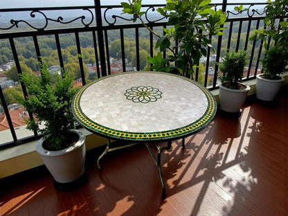 mosaic table from Moroccan fez pottery green and white design