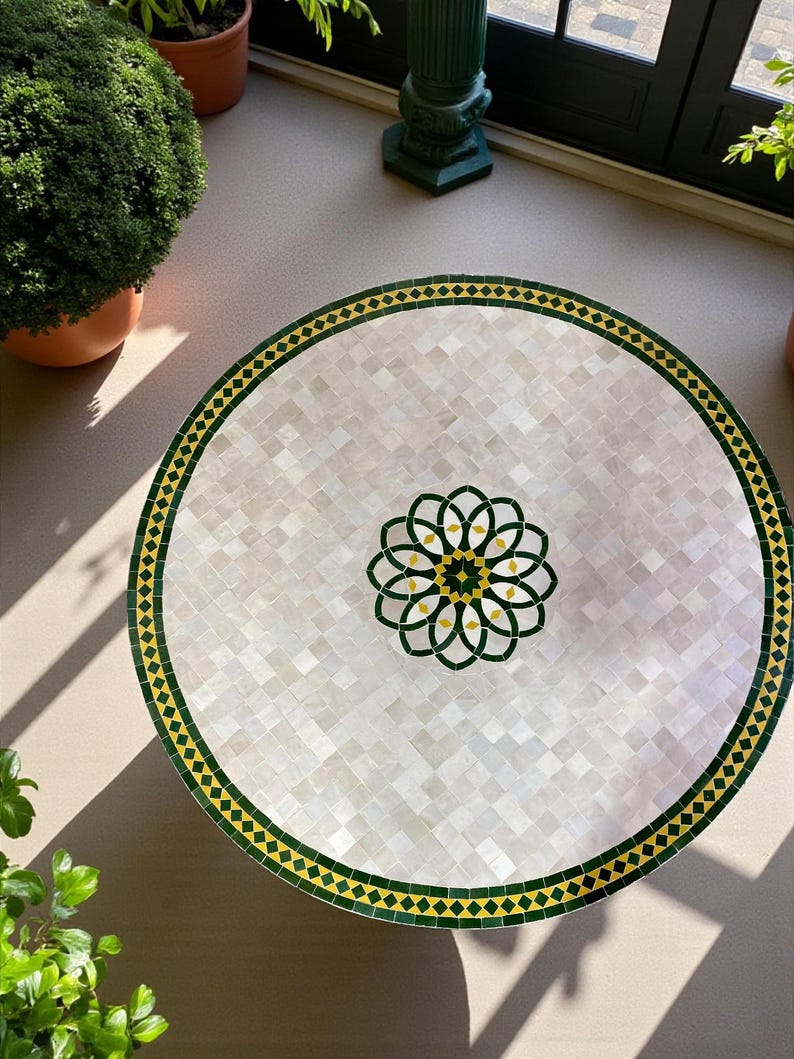 mosaic table from Moroccan fez pottery green and white design