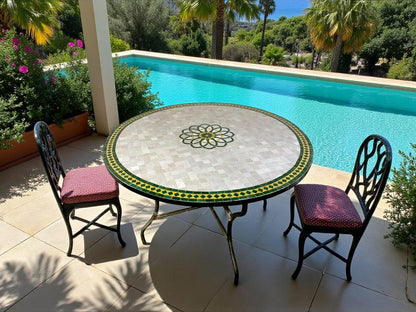 mosaic table from Moroccan fez pottery green and white design