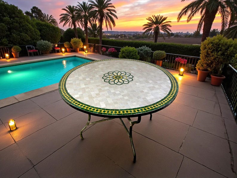 mosaic table from Moroccan fez pottery green and white design