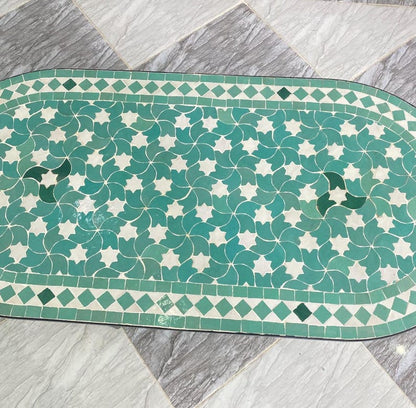 Handmade Moroccan Mosaic Coffee Table – Green & White Oval Zellige Tile Table