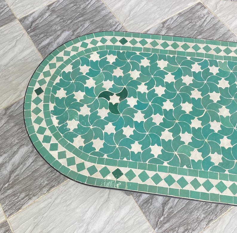 Handmade Moroccan Mosaic Coffee Table – Green & White Oval Zellige Tile Table