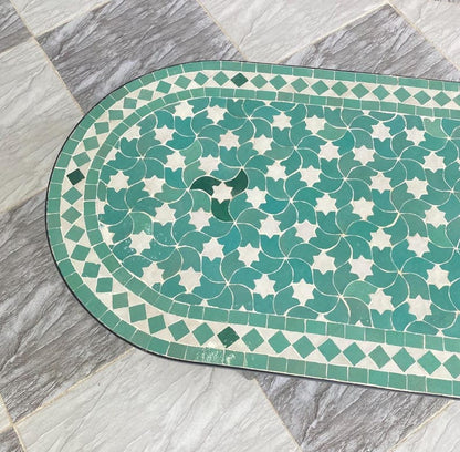 Handmade Moroccan Mosaic Coffee Table – Green & White Oval Zellige Tile Table