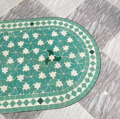 Handmade Moroccan Mosaic Coffee Table – Green & White Oval Zellige Tile Table