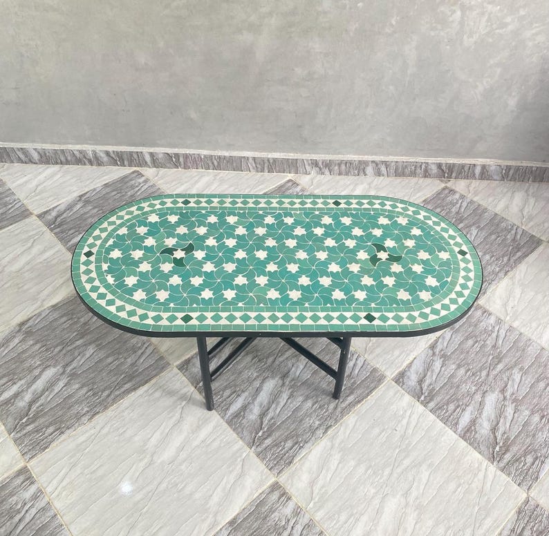 Handmade Moroccan Mosaic Coffee Table – Green & White Oval Zellige Tile Table