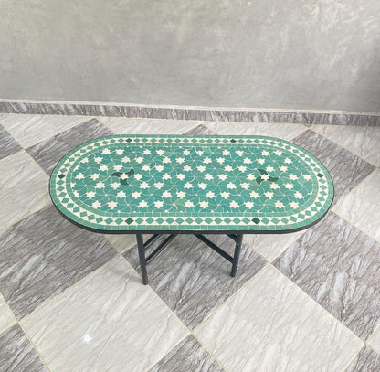 Handmade Moroccan Mosaic Coffee Table – Green & White Oval Zellige Tile Table