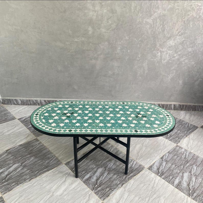 Handmade Moroccan Mosaic Coffee Table – Green & White Oval Zellige Tile Table