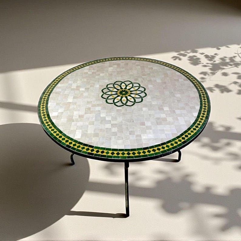 mosaic table from Moroccan fez pottery green and white design