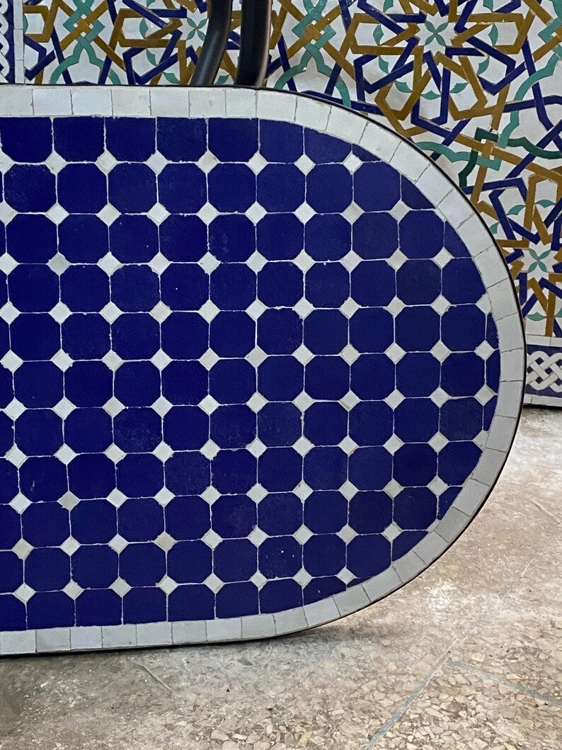 Handmade Moroccan oval  Mosaic Table – Blue & White Zellige Patio Table