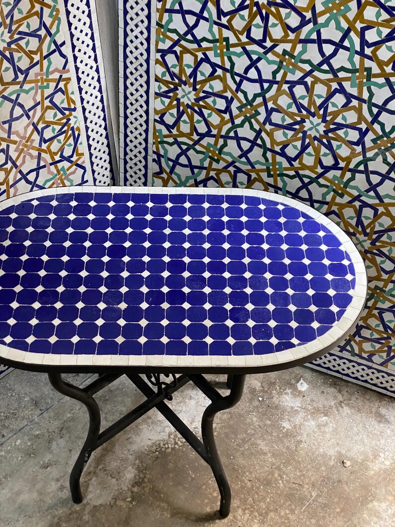 Handmade Moroccan oval  Mosaic Table – Blue & White Zellige Patio Table