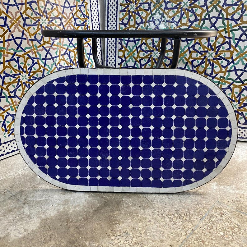 Handmade Moroccan oval  Mosaic Table – Blue & White Zellige Patio Table