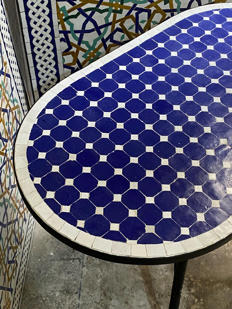 Handmade Moroccan oval  Mosaic Table – Blue & White Zellige Patio Table